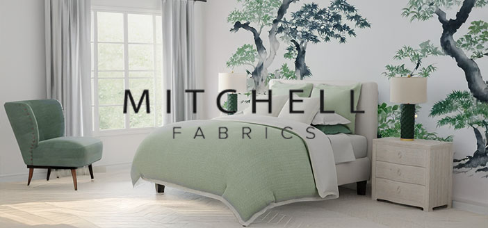 Modern bedroom design showcasing Mitchell Fabrics in fresh greens