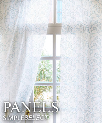 Light-filtering window panels with blue leaf embroidered pattern