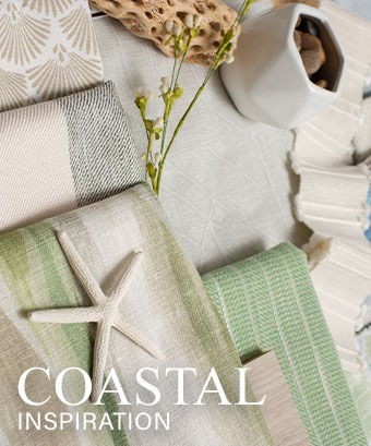 Mood board featuring fabrics from Mitchell Fabrics Coastal collection with accent pieces suggestive of a coastal theme